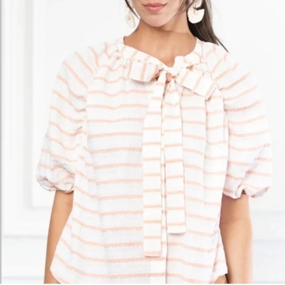 The Shirt by Rochelle Behrens White and Light Pink Striped Tie-Neck Blouse